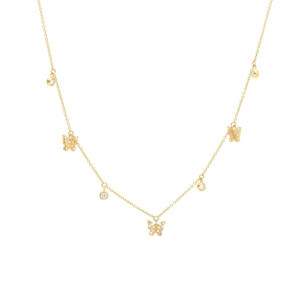Diamond Dangling Butterfly Charm Necklace Yellow Gold