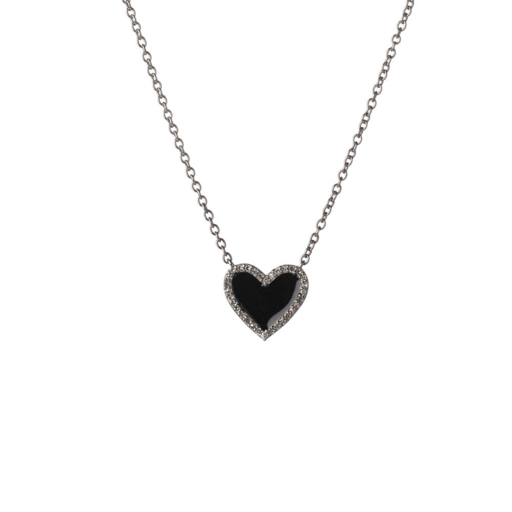 Diamond Mini Black Enamel Heart Necklace Sterling Silver