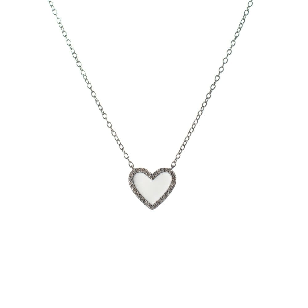 Diamond Mini White Enamel Heart Necklace Sterling Silver
