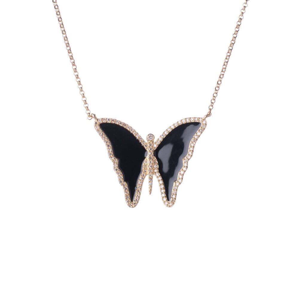 Diamond Black Enamel Butterfly Necklace
