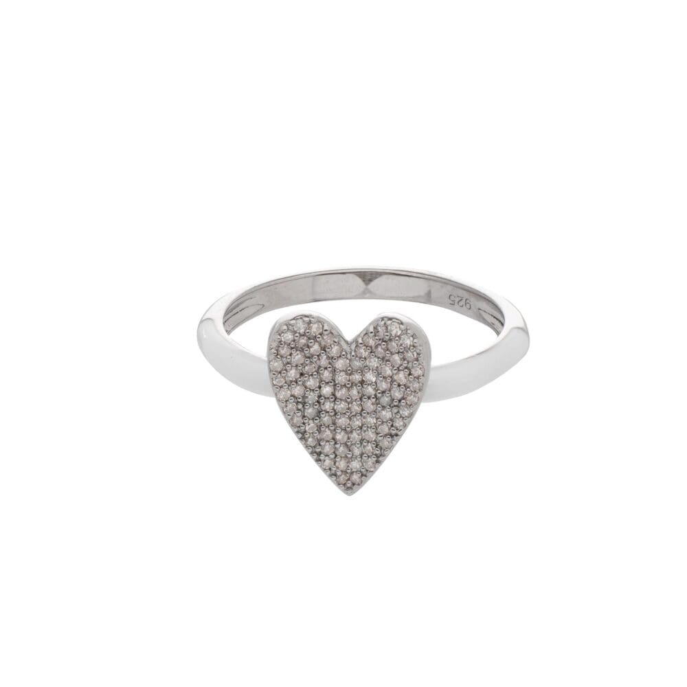 Pave Diamond Heart Ring with White Enamel Band Sterling Silver