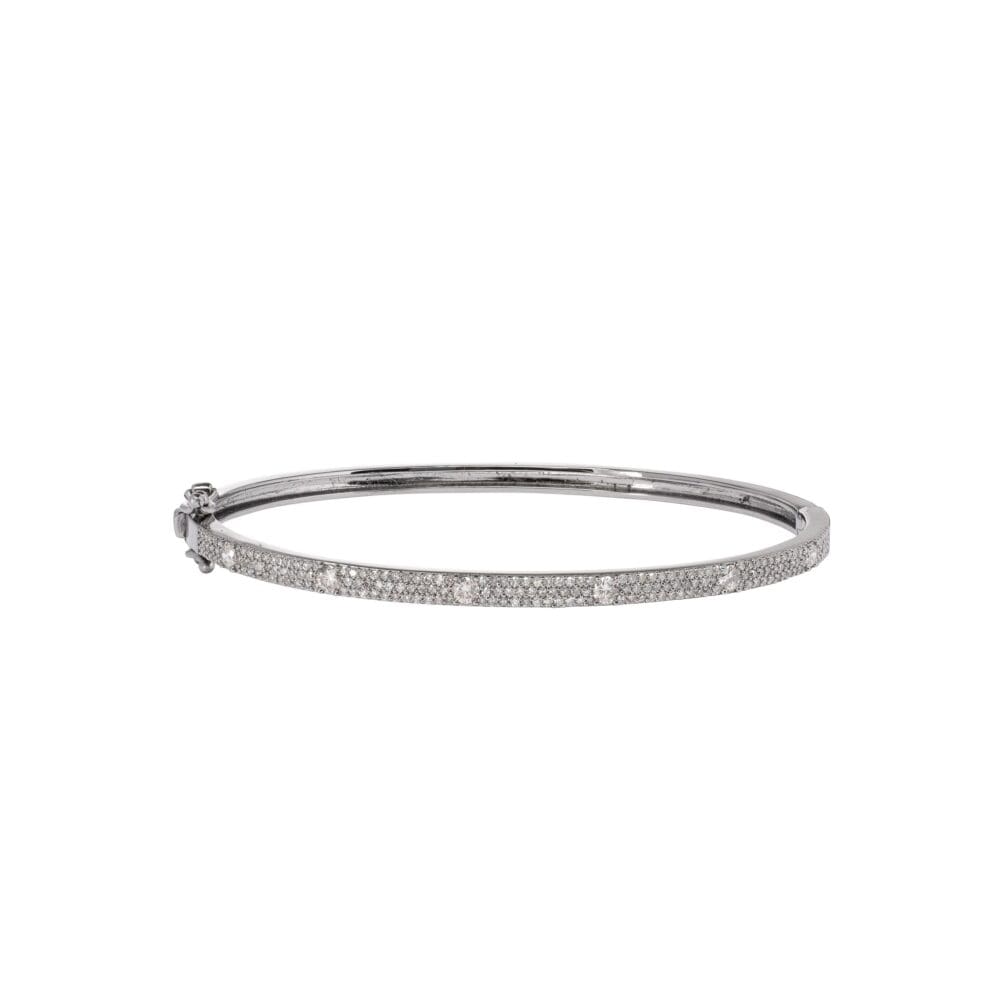 Skinny Pave and Solitaire Diamond Bangle Sterling Silver