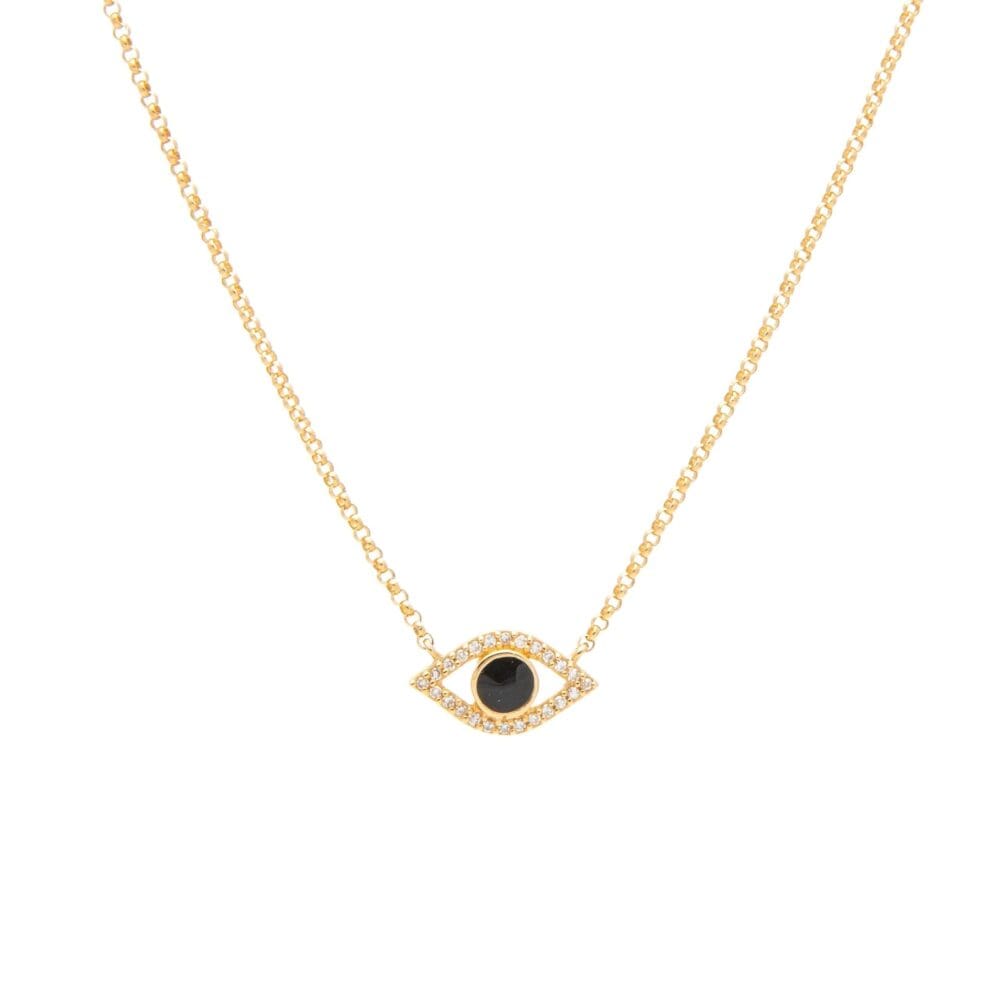 Diamond + Black Enamel Evil Eye Necklace Yellow Gold