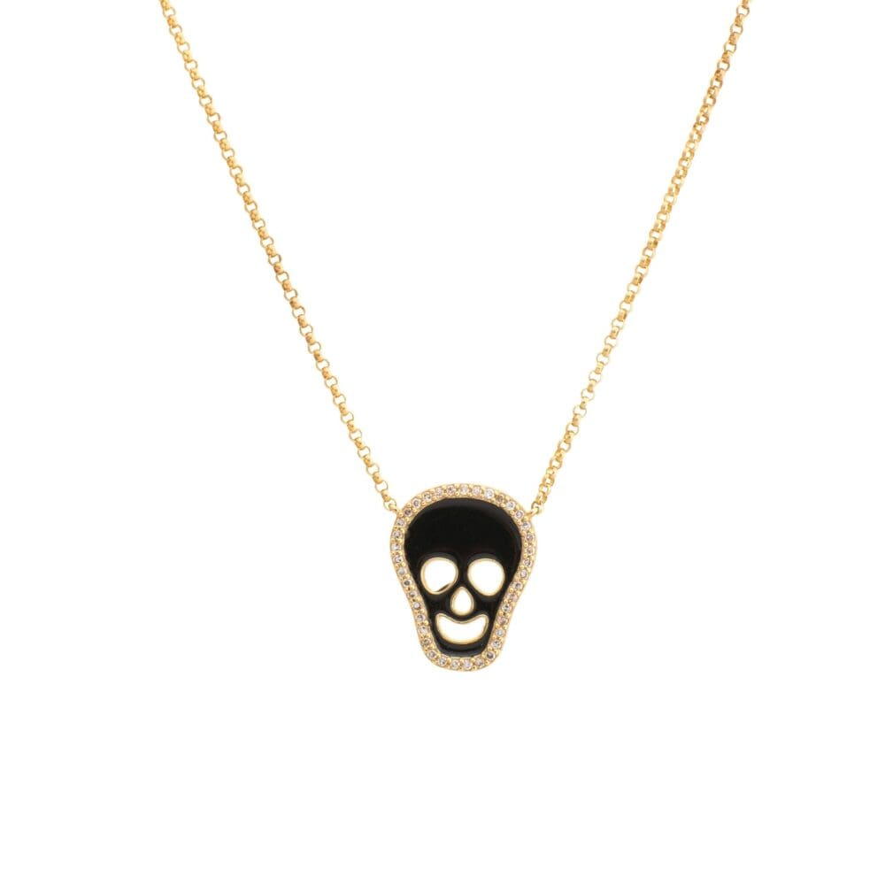 Diamond + Black Enamel Skull Necklace Yellow Gold