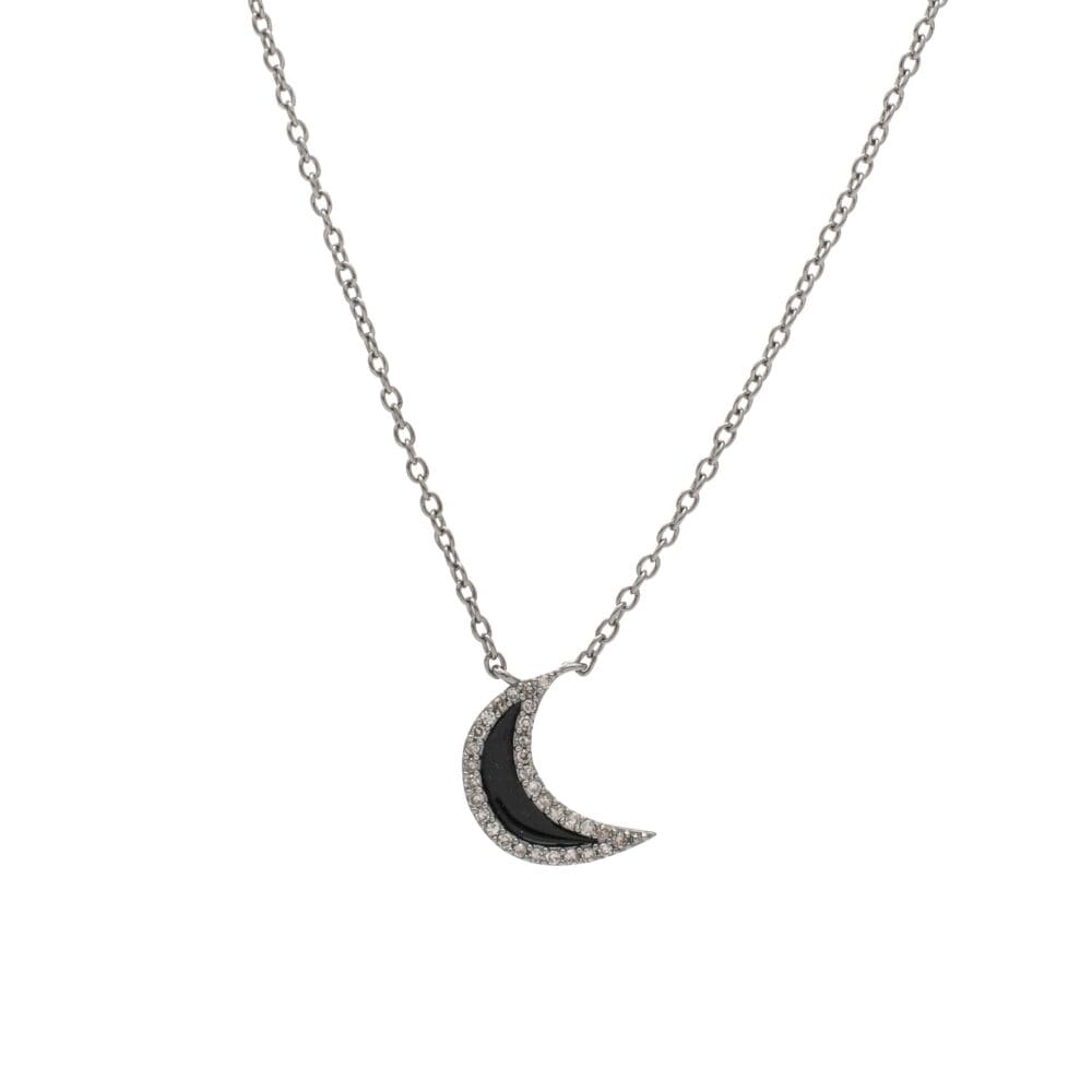 Diamond Mini Black Enamel Moon Necklace