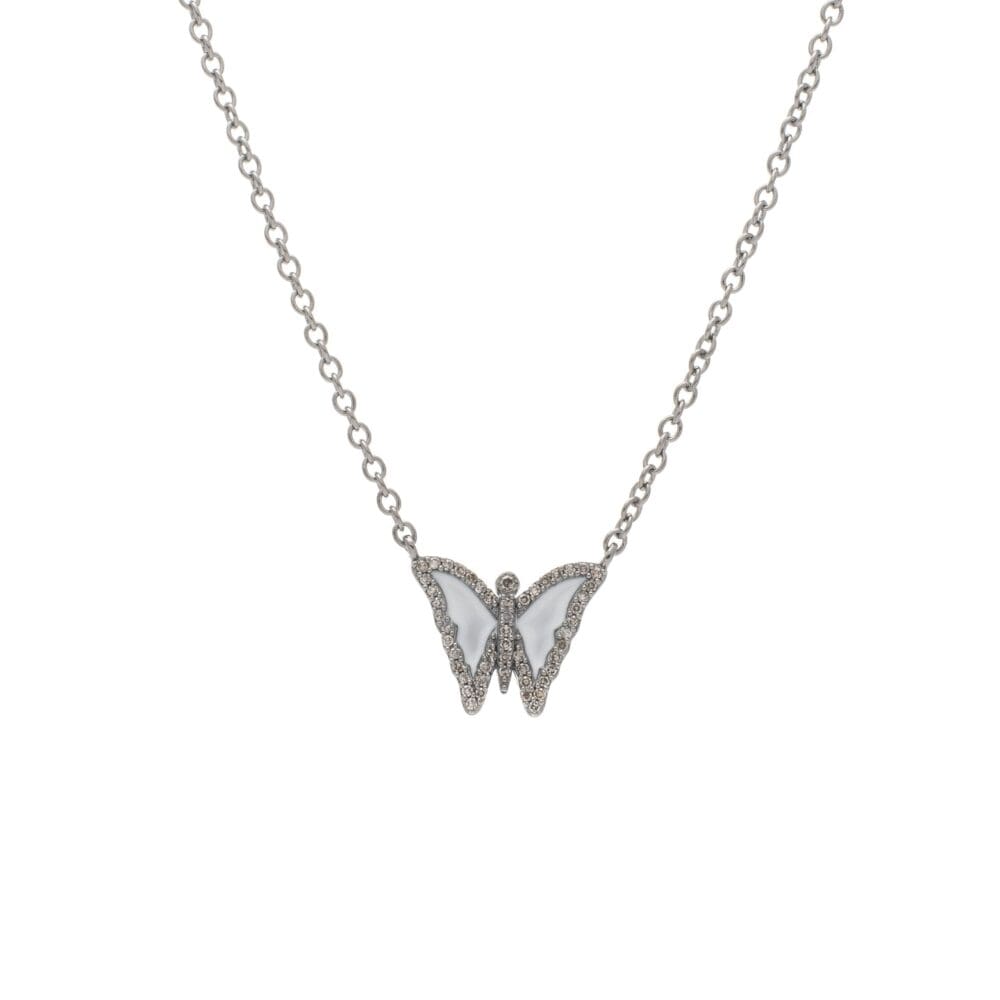 Diamond Mini White Enamel Butterfly Necklace Sterling Silver