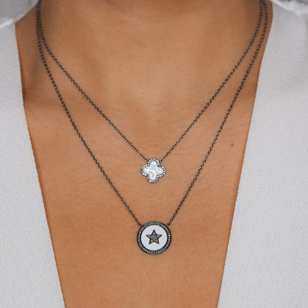Diamond Mini White Enamel Clover Necklace