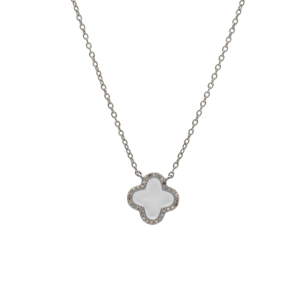 Diamond Mini White Enamel Clover Necklace