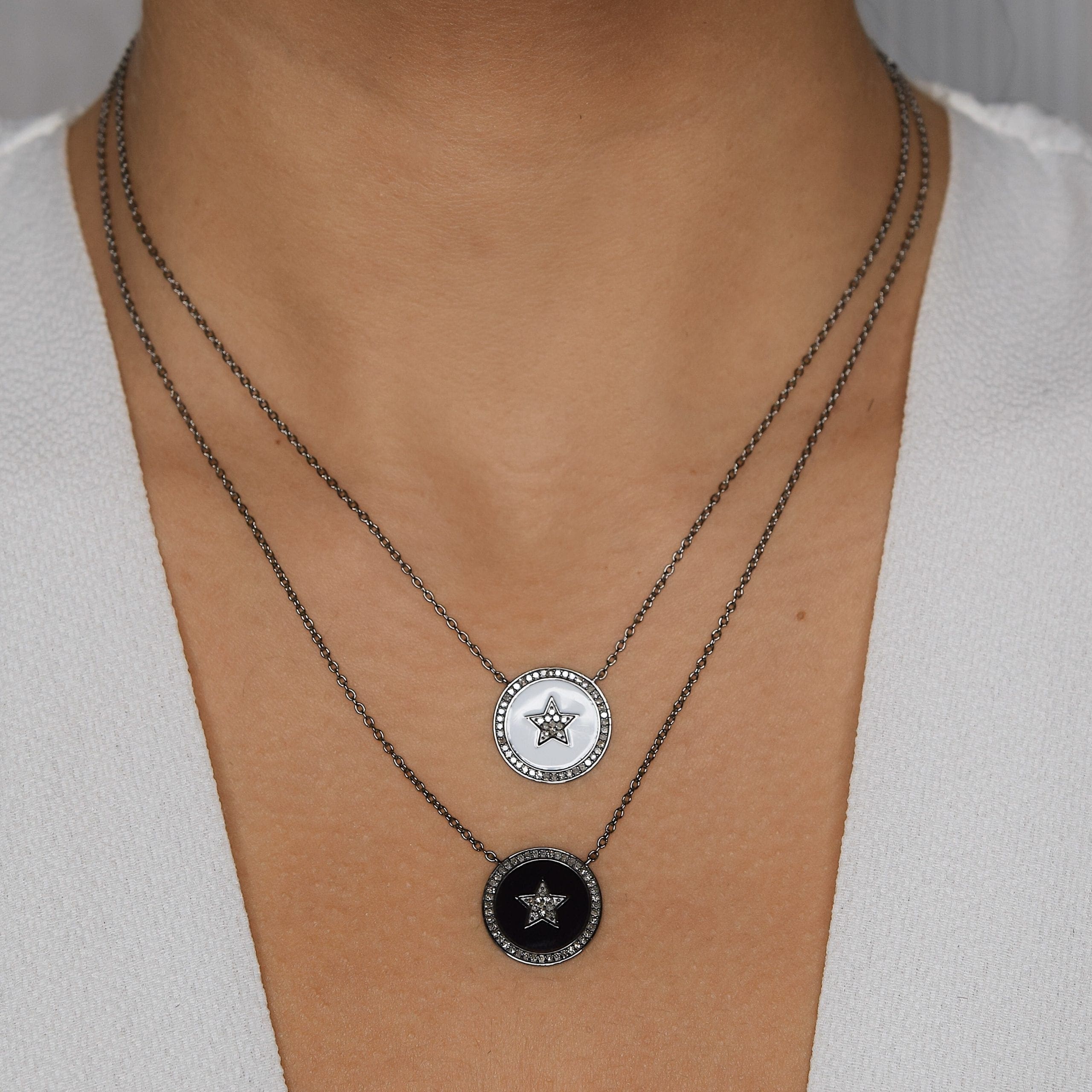 Diamond Star Black Enamel Disc Necklace