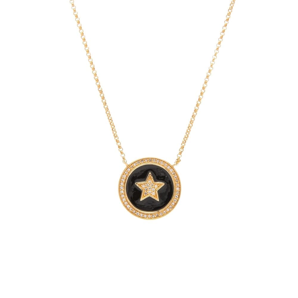 Diamond Star Black Enamel Disc Necklace Yellow Gold
