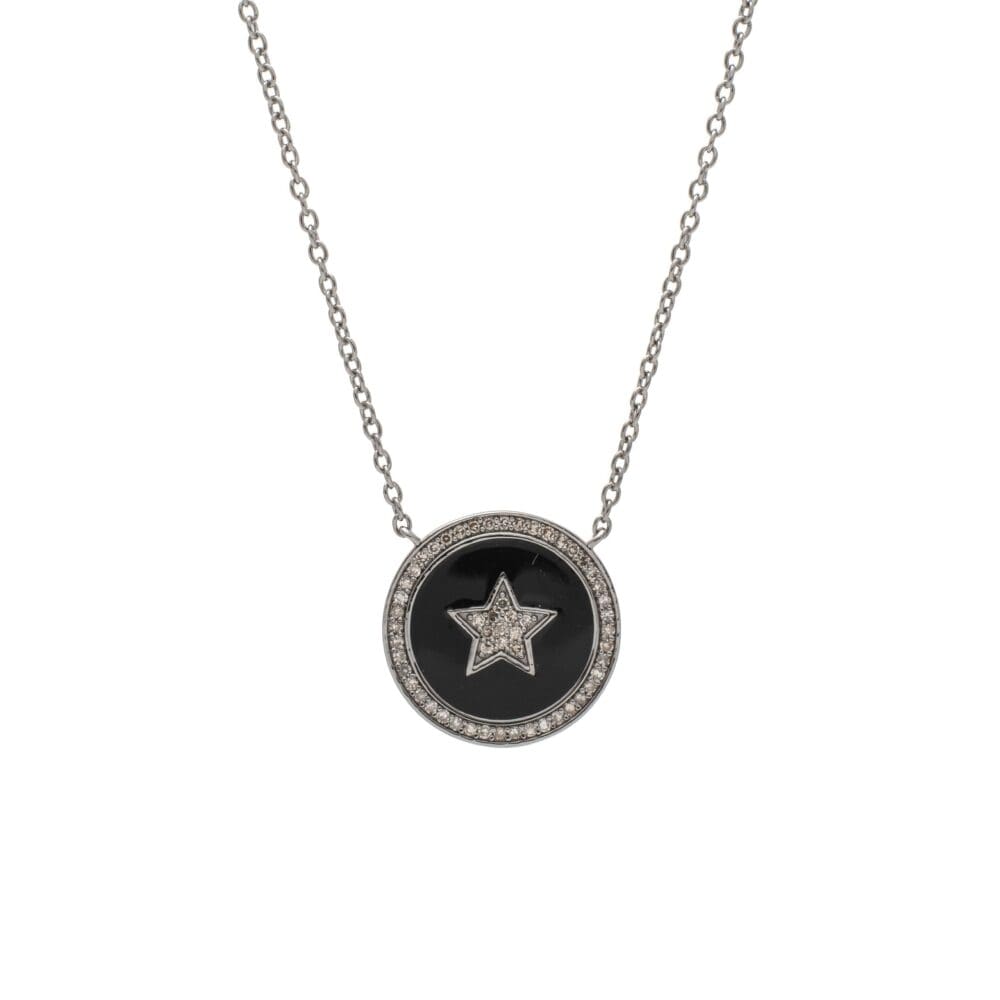 Diamond Star Black Enamel Disc Necklace