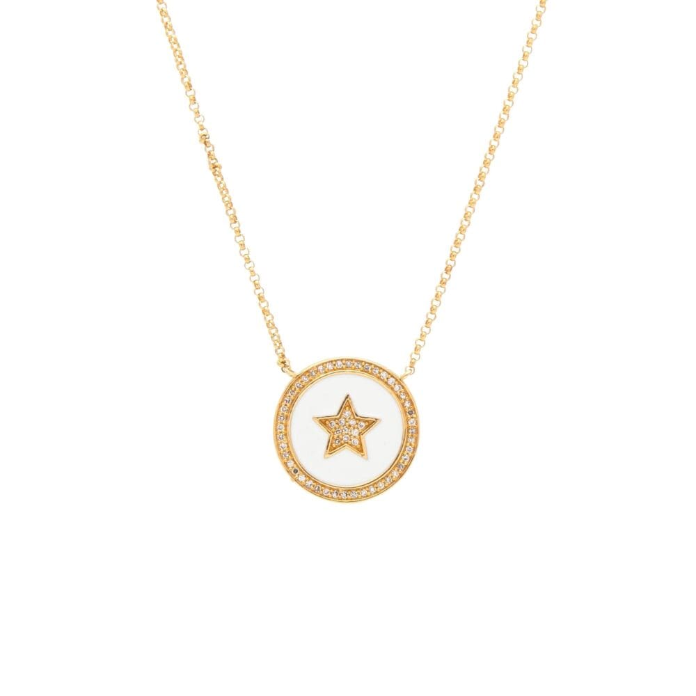 Diamond Star White Enamel Disc Necklace Yellow Gold