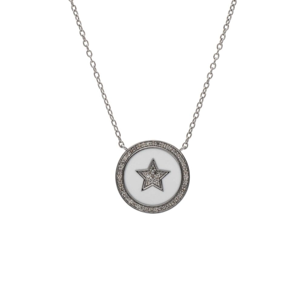Diamond Star White Enamel Disc Necklace