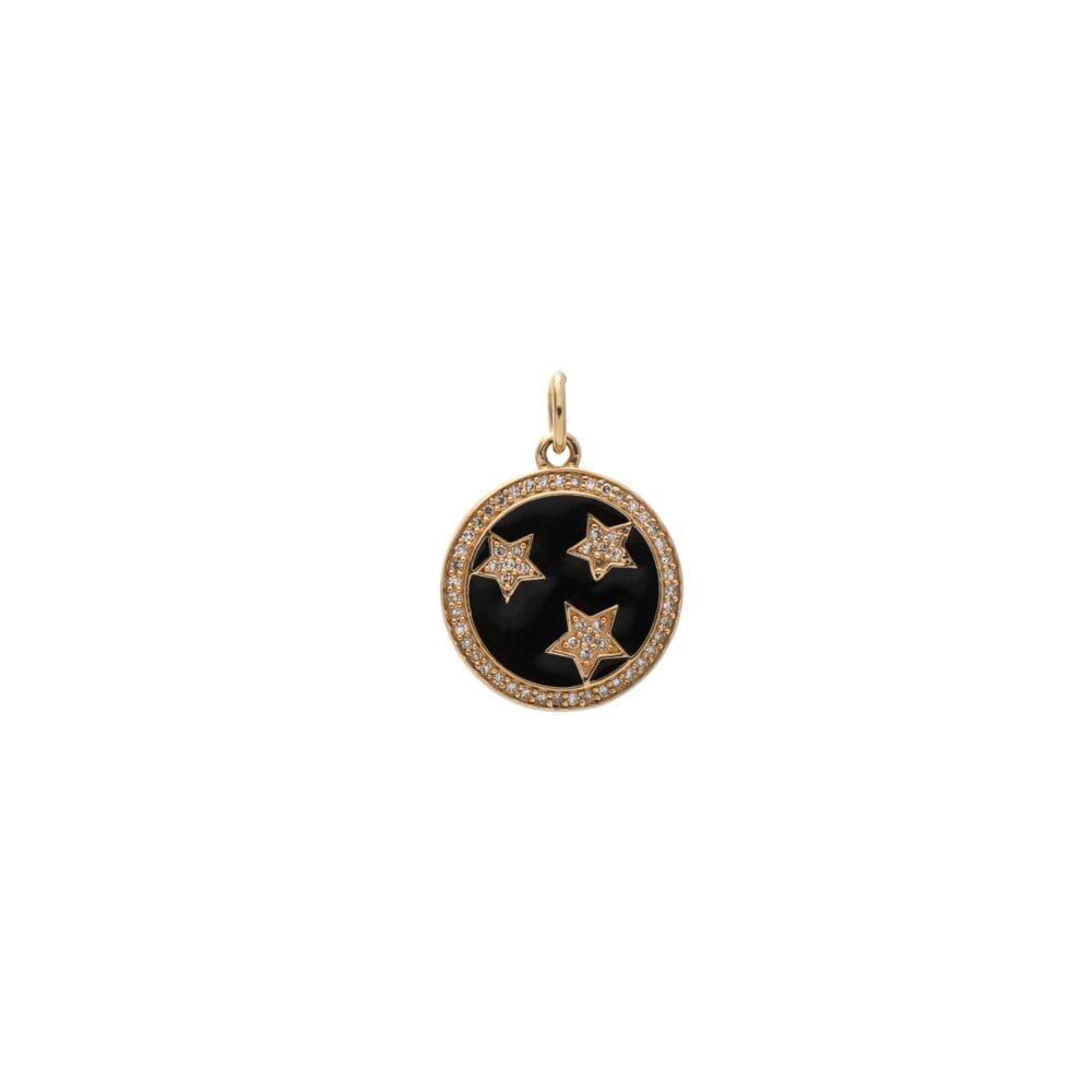 Mini Diamond + Black Enamel Stars Disc Charm Yellow Gold