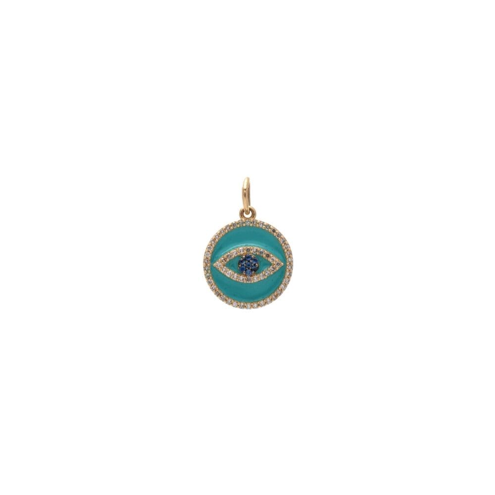 Mini Diamond Turquoise Enamel Evil Eye with Sapphires Charm Gold