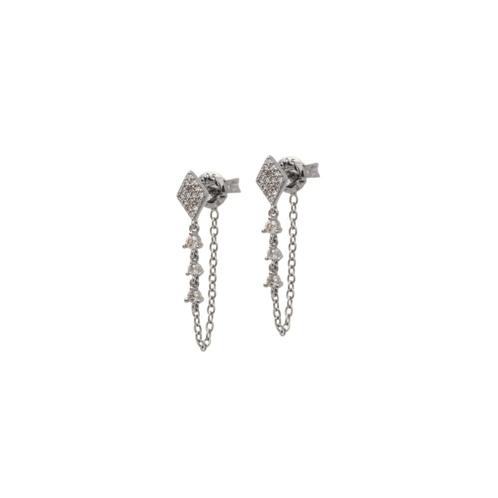 Pave Diamond Drop Chain Earrings Sterling Silver