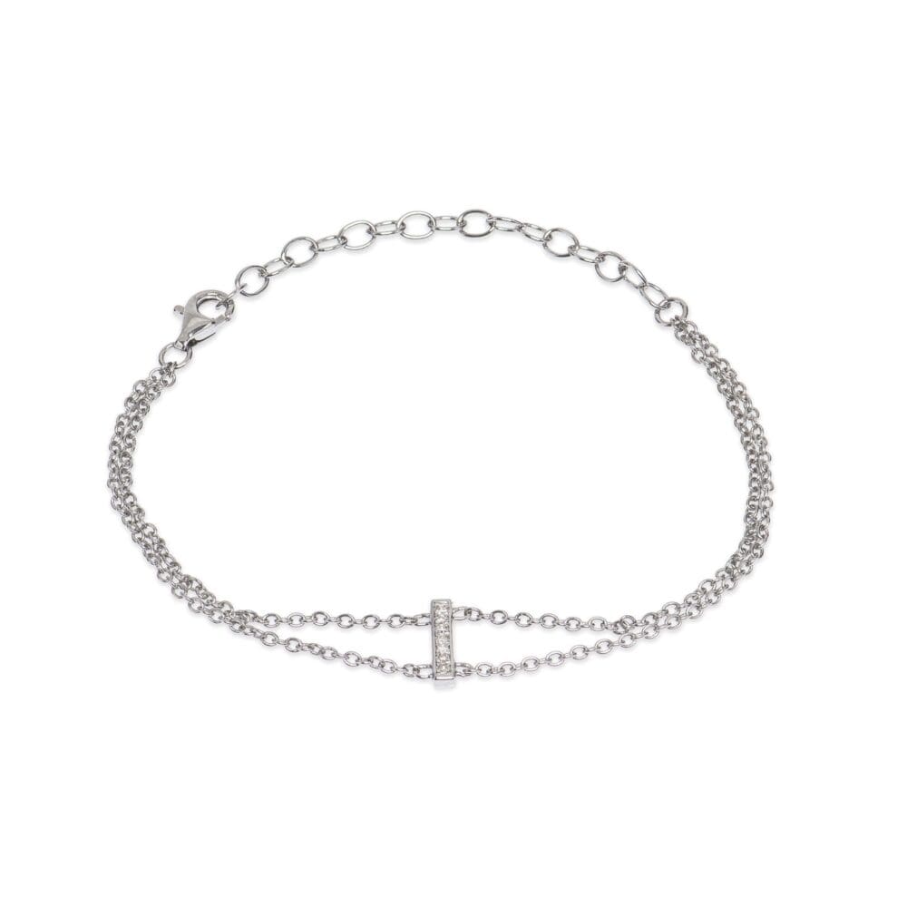 Diamond Bar Double Chain Bracelet Silver
