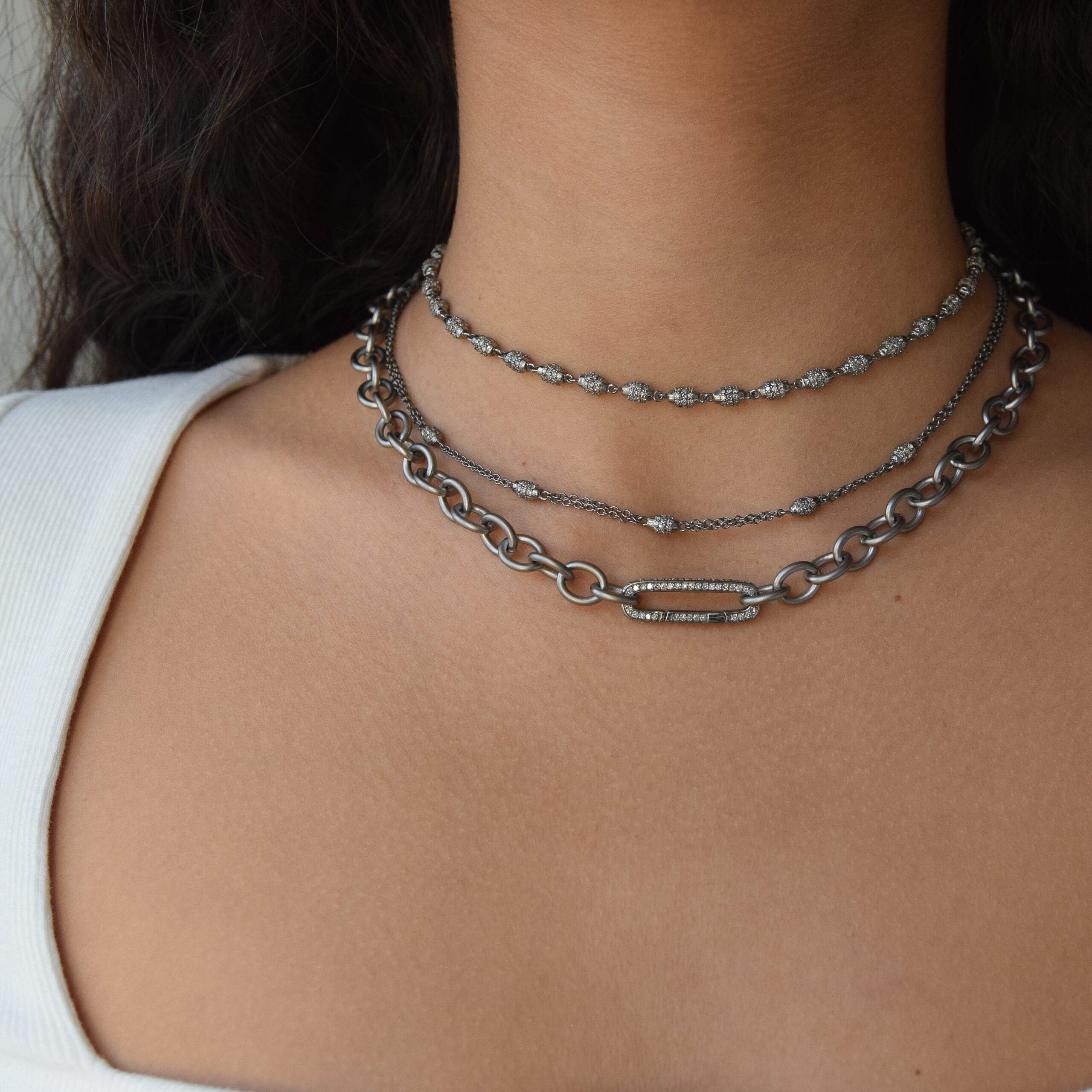 Medium Round Chain Link Necklace + Pave Diamond Link Connector Clasp