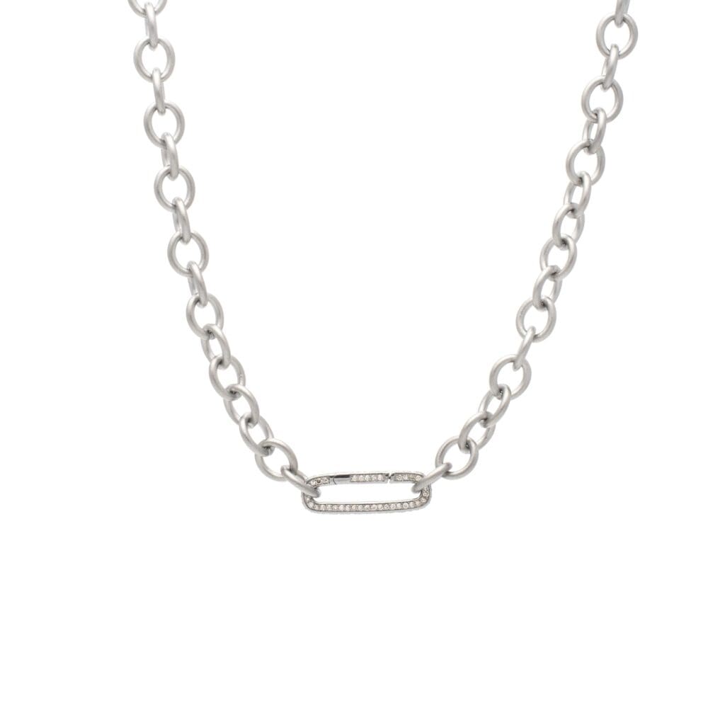 Small Round Chain Link Necklace + Pave Diamond Link Connector Clasp Sterling Silver