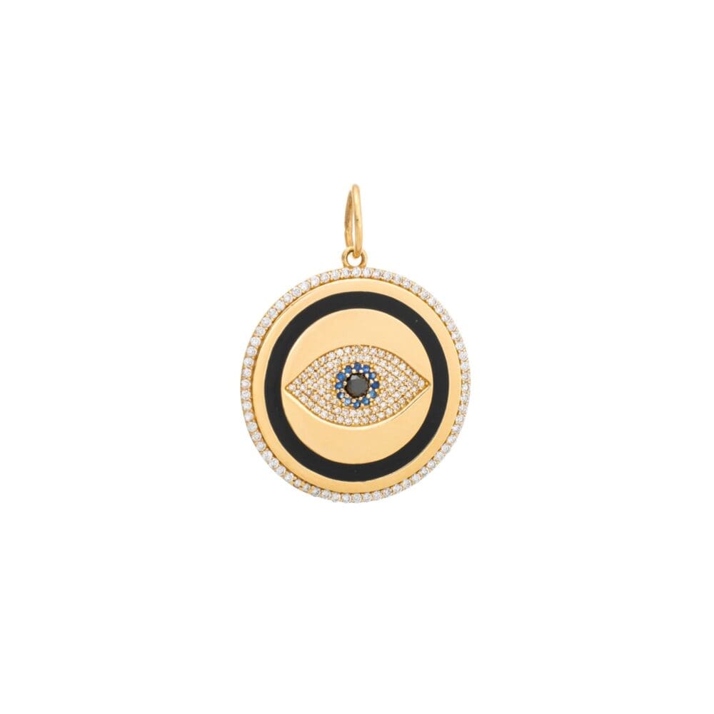 Diamond Black Enamel Evil Eye with Sapphires Pendant Gold