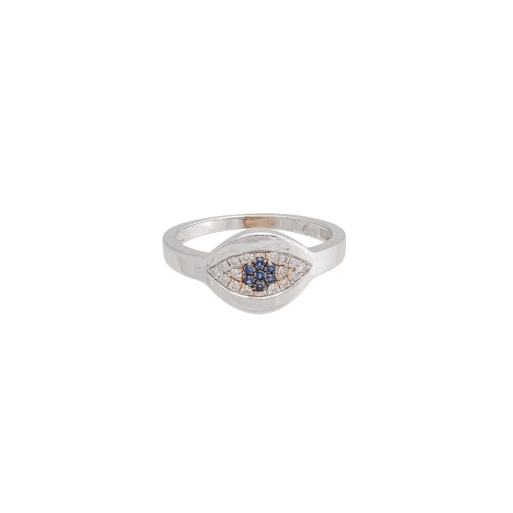 Diamond Evil Eye with Sapphire Signet Pinky Ring 14k White Gold