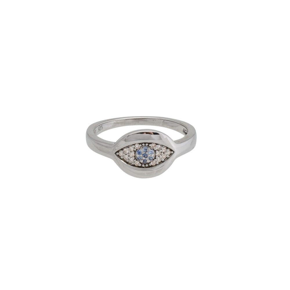 Diamond Evil Eye with Sapphire Signet Pinky Ring Silver