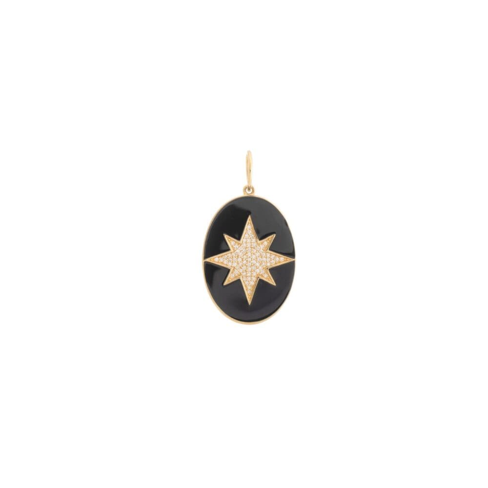 Diamond Starburst + Black Enamel Oval Pendant Yellow Gold