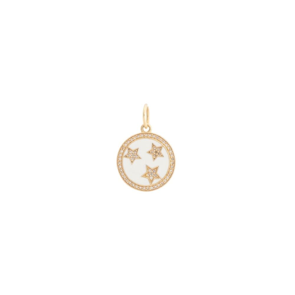 Mini Diamond + White Enamel Stars Disc Charm White Gold