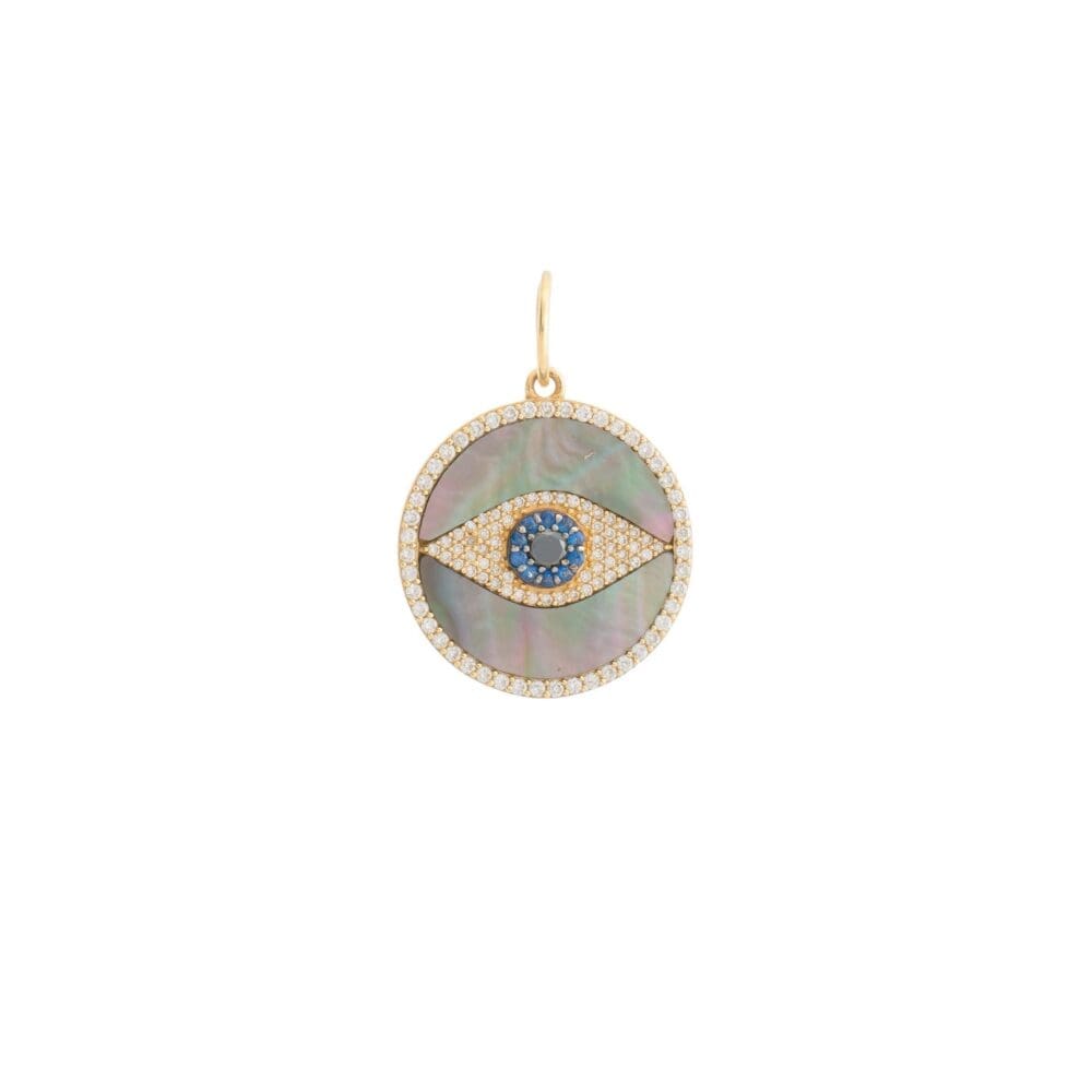 Onyx Mother of Pearl Evil Eye Disc Charm Yellow Gold