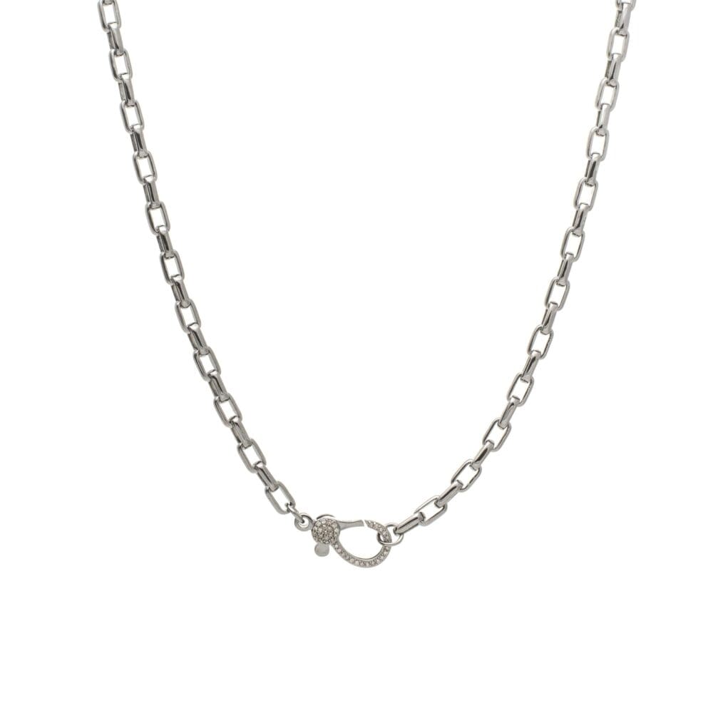 Diamond Lobster Clasp with Rectangle Chain Link Necklace Silver