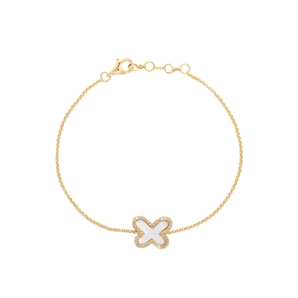 Diamond Mini Mother of Pearl Butterfly Bracelet Yellow Gold