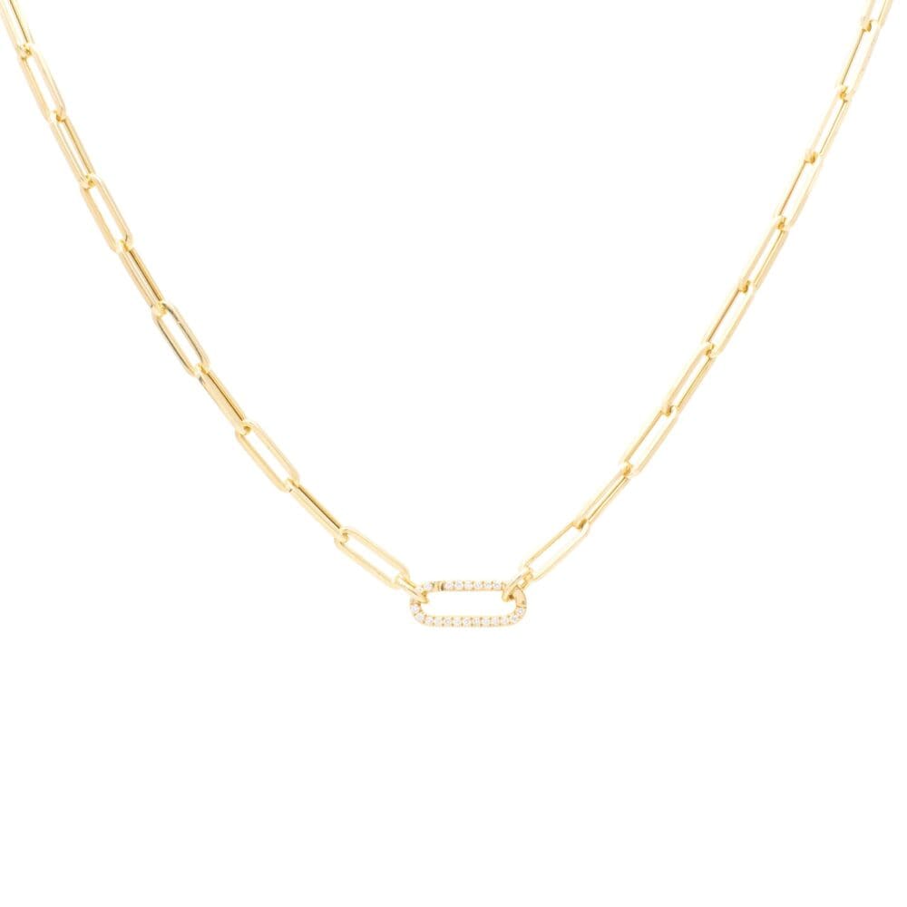 Small Chain Link Necklace + Mini Pave Diamond Gold Link Connector Clasp Yellow Gold