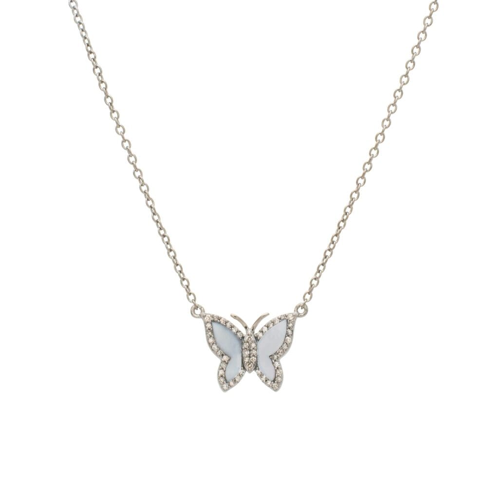 Small Diamond Mother-of-Pearl Butterfly Necklace Sterling Silver