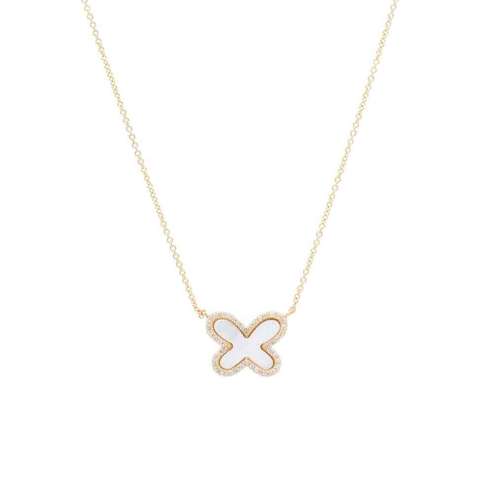 Diamond Mini Mother-of-Pearl Butterfly Necklace Yellow Gold