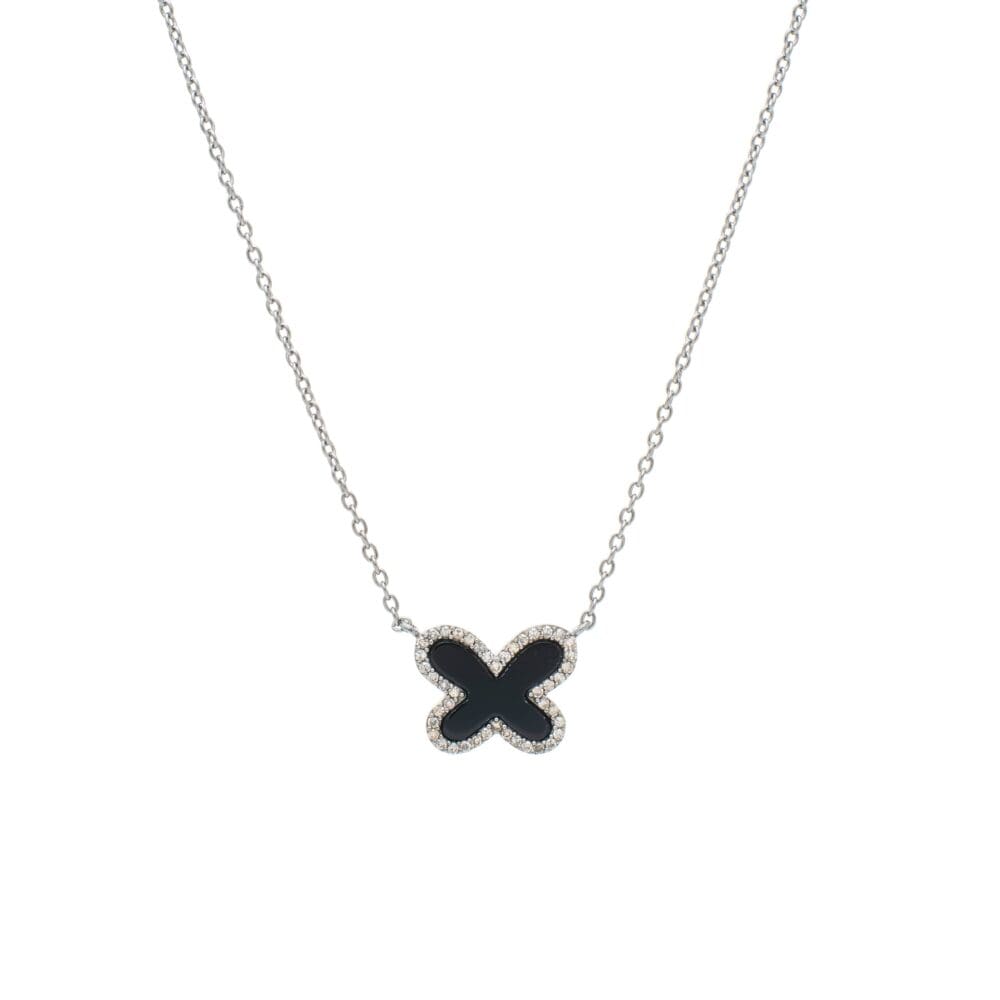 Diamond Mini Onyx Butterfly Necklace Sterling Silver