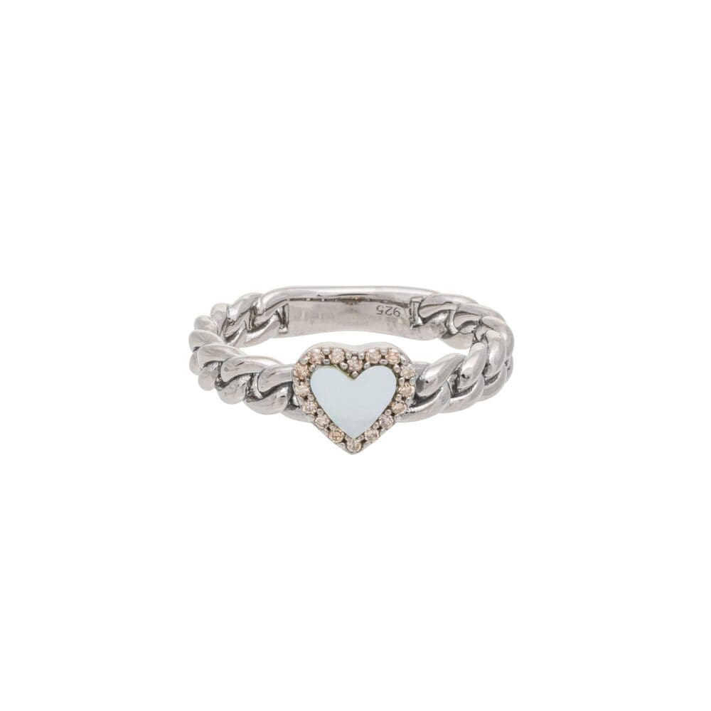 Diamond + Mother-of-Pearl Heart Curb Chain Hard Link Ring Sterling Silver