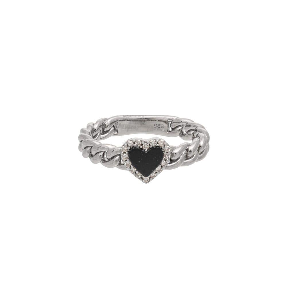 Diamond + Onyx Heart Curb Chain Hard Link Ring Sterling Silver