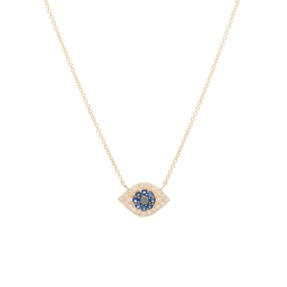Small Diamond + Sapphire Evil Eye Necklace Yellow Gold