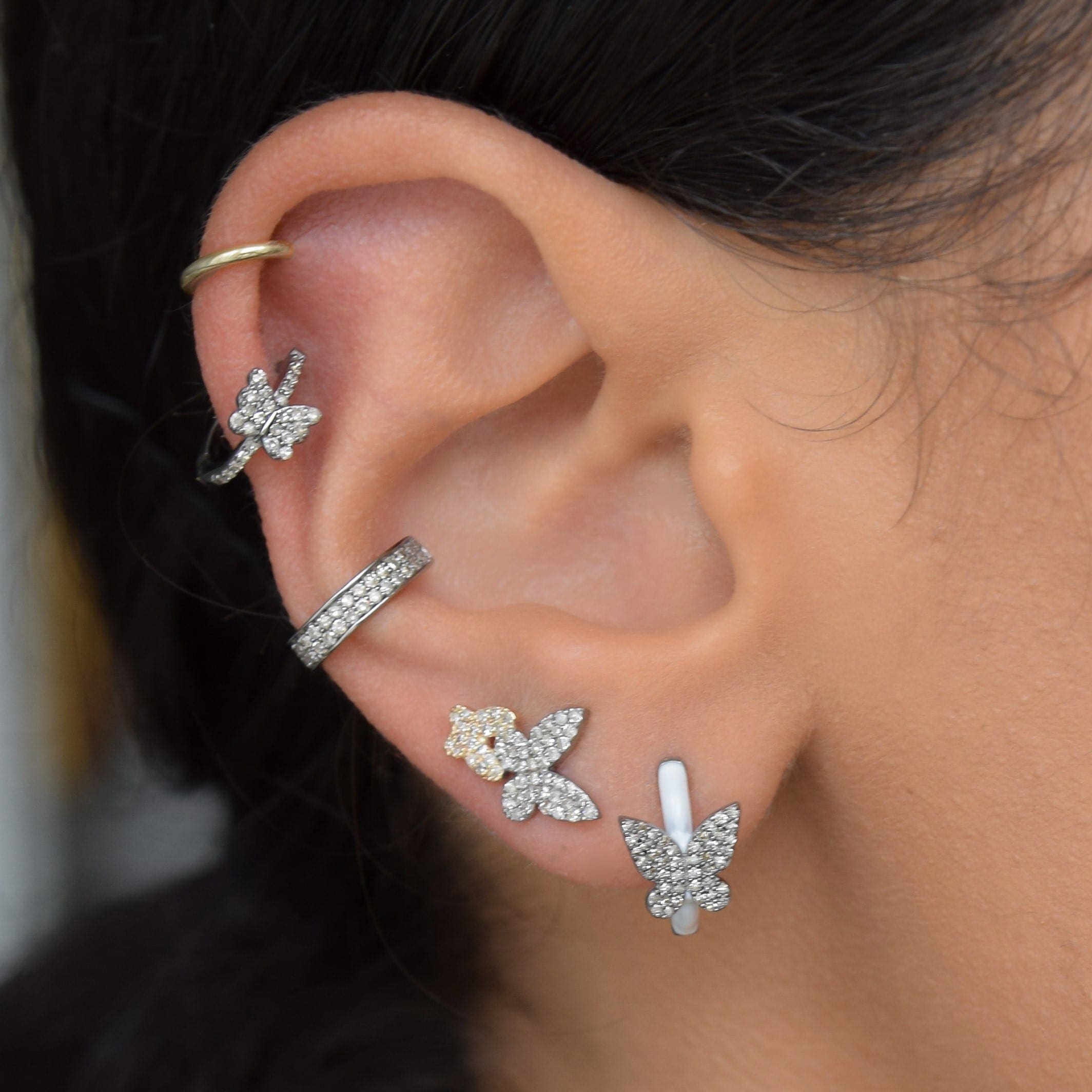 Diamond Butterfly White Enamel Huggie Earrings