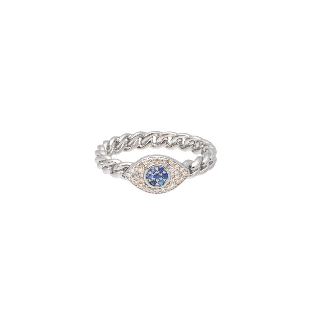 Diamond + Sapphire Evil Eye Curb Chain Hard Link Ring Sterling Silver