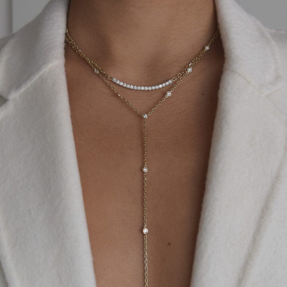Large Diamond Ball Set Curved Bar Necklace
