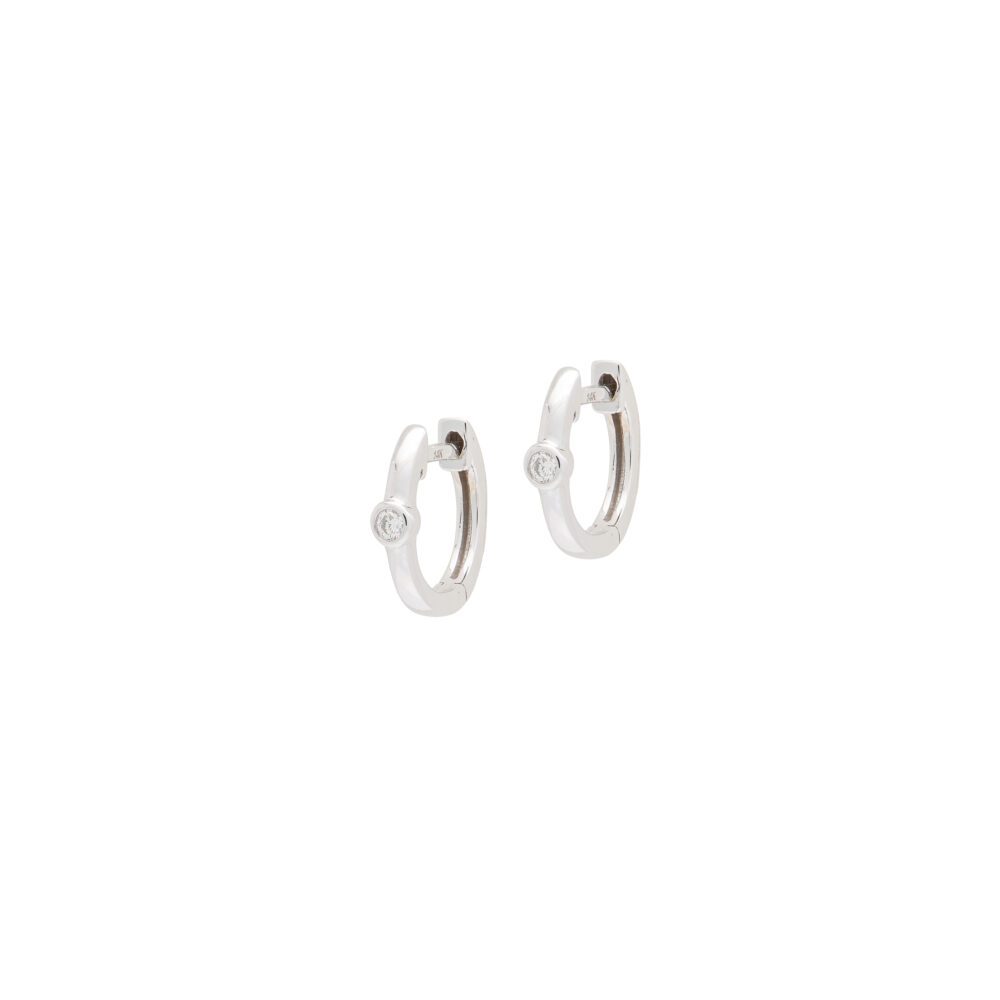 Single Diamond Bezel Set Mini Huggie Earrings White Gold