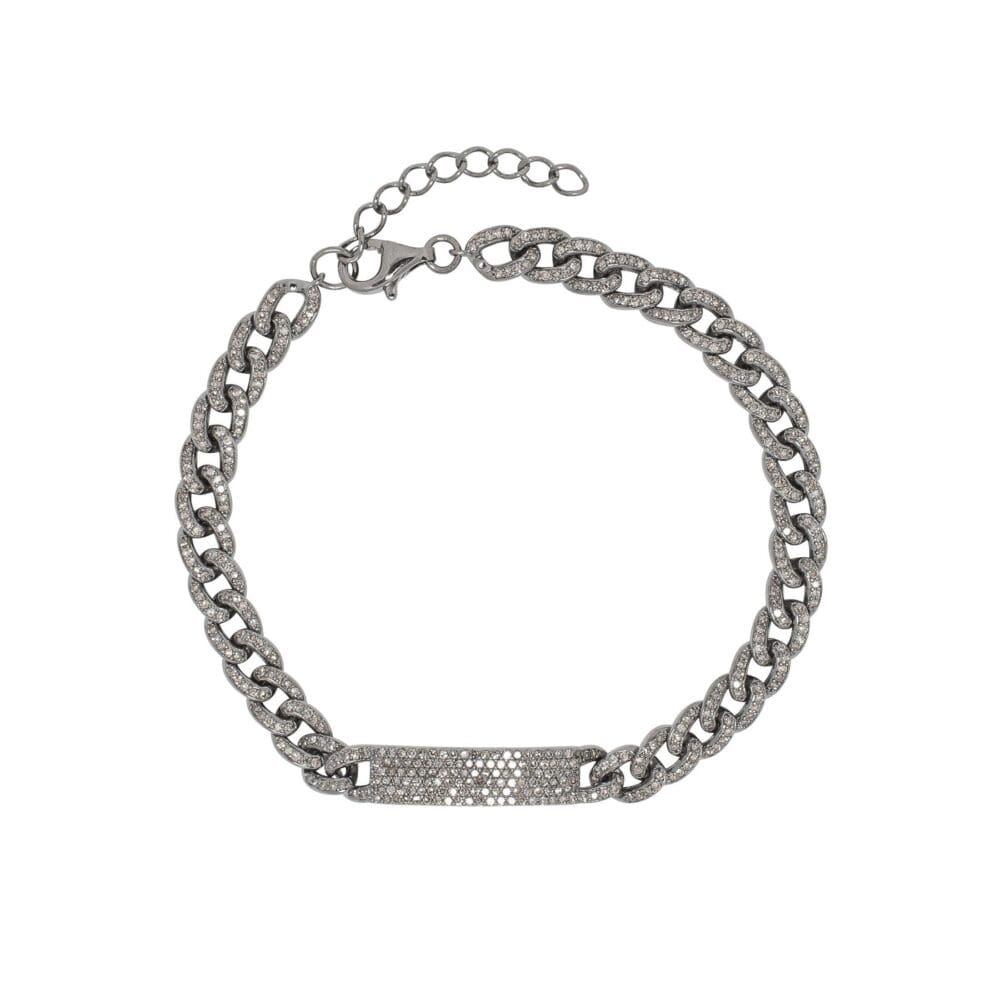 Diamond ID + Diamond Cable Chain Link Bracelet Sterling Silver