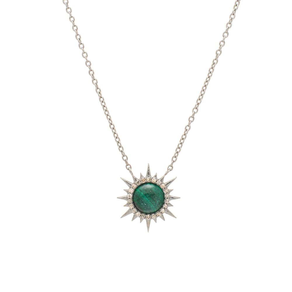 Diamond Malachite Sunburst Necklace Sterling Silver