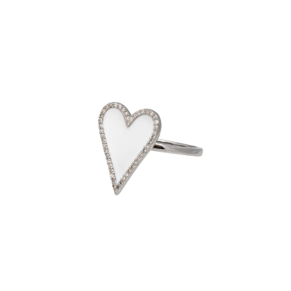 Modern Diamond White Enamel Heart Ring Sterling Silver
