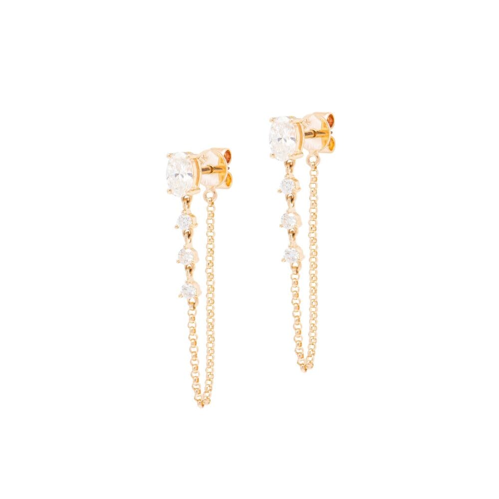 Diamond Oval Stud + Tri-Bezel Diamond Drop Chain Earrings Yellow Gold