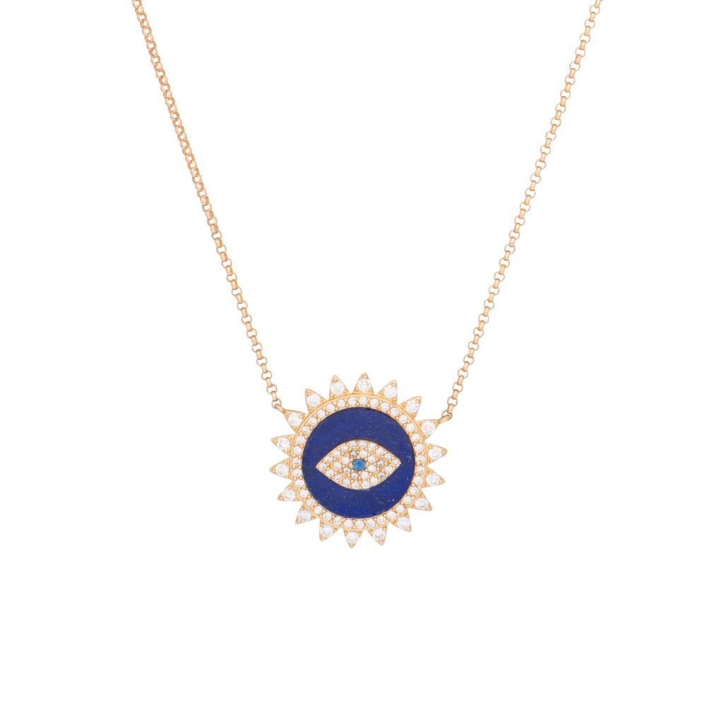 Diamond + Lapis Evil Eye Starburst Necklace Yellow Gold