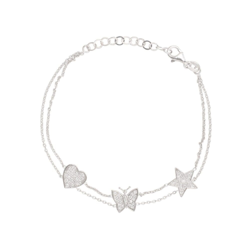 Diamond Heart Butterfly Star Double Chain Bracelet White Gold