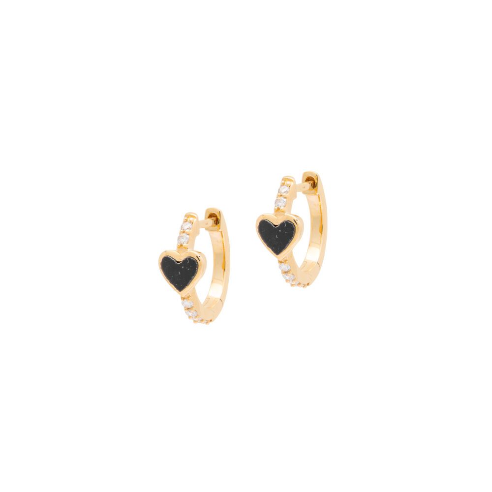 Small Black Onyx Heart Diamond Huggie Earrings Yellow Gold
