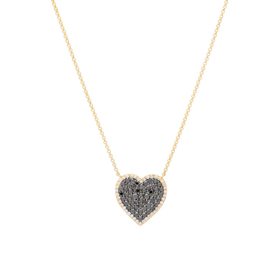 Black + White Diamond Heart Necklace Yellow Gold